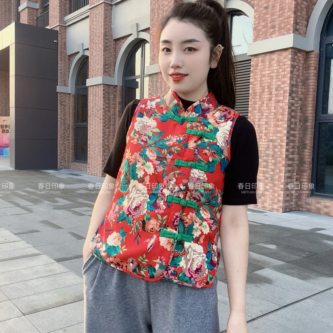 春日宽松型免烫厚款女工字型马夹网红马甲唐装花色民族风宽松