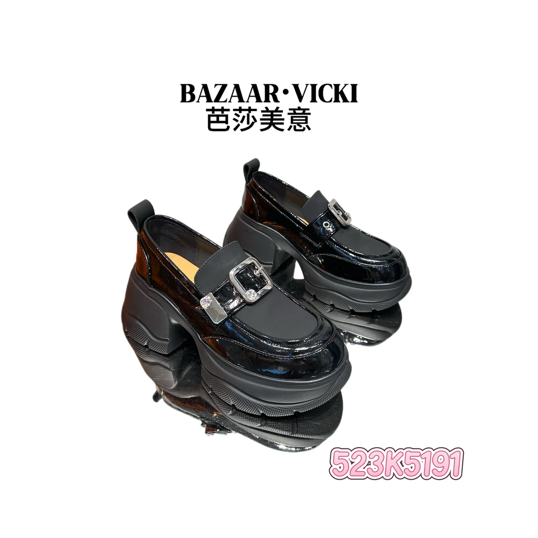 BAZAAR VICKI/芭莎美意523K5191厚款漆皮乐福鞋百搭黑色英伦风