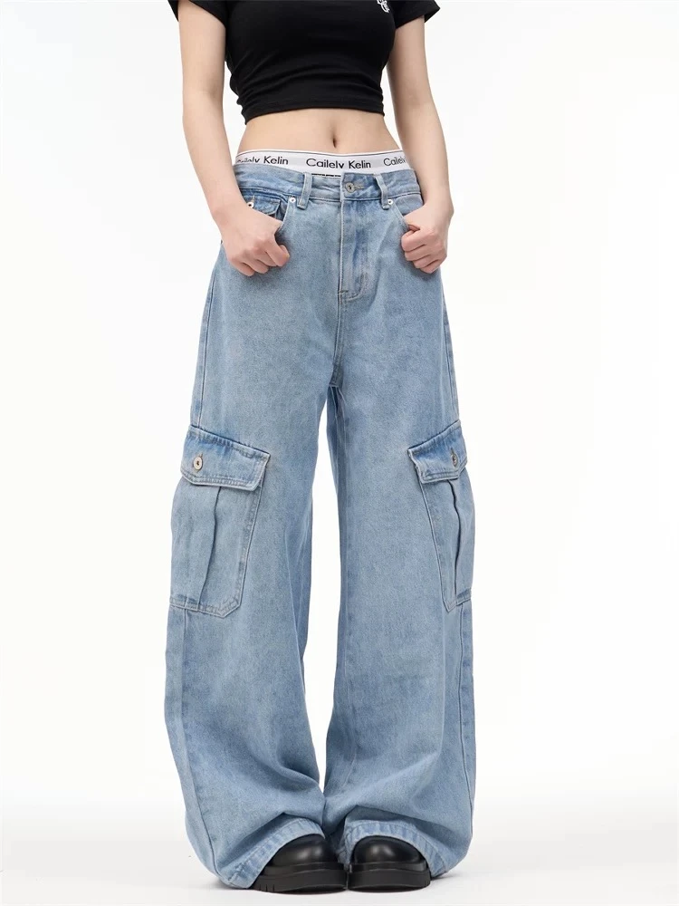 峡谷裤神美式复古街头baggy水洗蓝色大口袋牛仔裤宽松阔腿工装裤