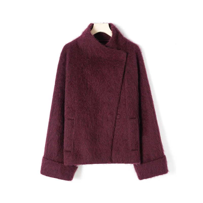 【短款拉绒】毛呢外套秋冬落肩袖厚款翻领蝙蝠大衣短款女885081