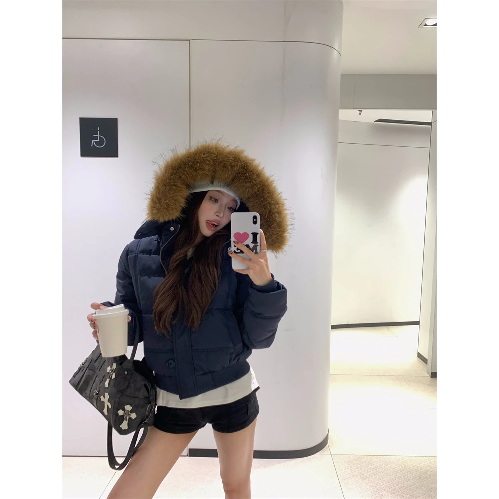 2025秋冬新款美式辣妹风设计感高级感百搭大毛领连帽长袖棉服女潮