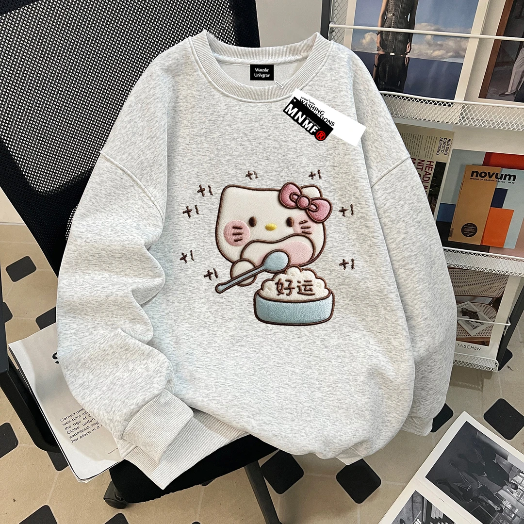 女童凯蒂猫薄款圆领卫衣秋季2025新款洋气学院风中大童仿刺绣上衣