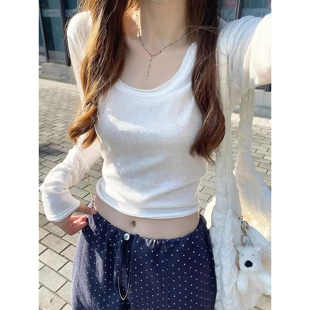 白色薄款u领长袖T恤女夏季空调防晒衫微透短款罩衫小个子上衣简约