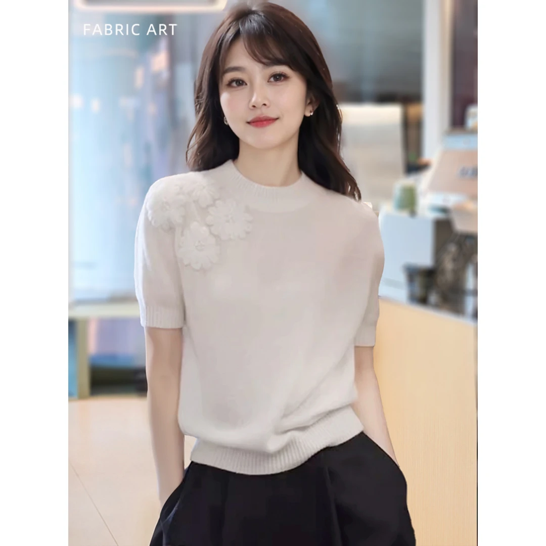 【现货】新款肩部绣花淑女短针织衫夏季上衣时尚毛衣
