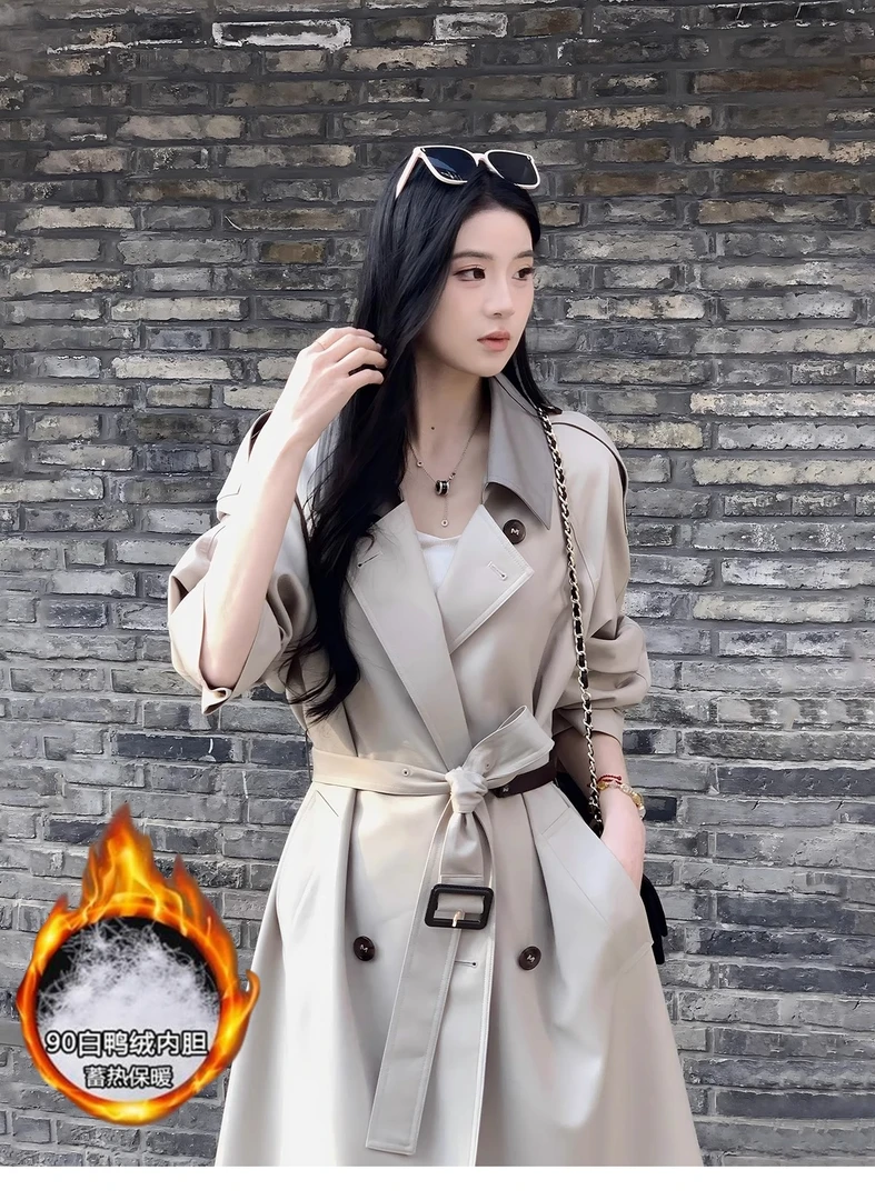 气质街头风女神羽绒服长款秋冬优等品保暖双排扣长袖白鸭绒风衣