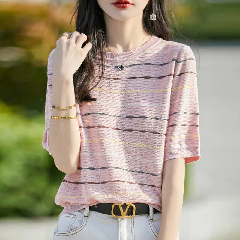 高级感冰丝t恤女2025夏季新款妈妈装时尚减龄撞色条纹上衣针织衫