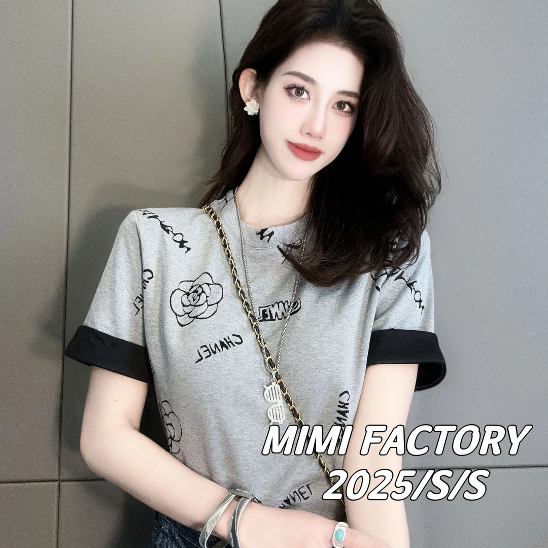 芈芈 2025新款短袖 烧花设计双色面料设计T恤女修身显瘦上衣#2943
