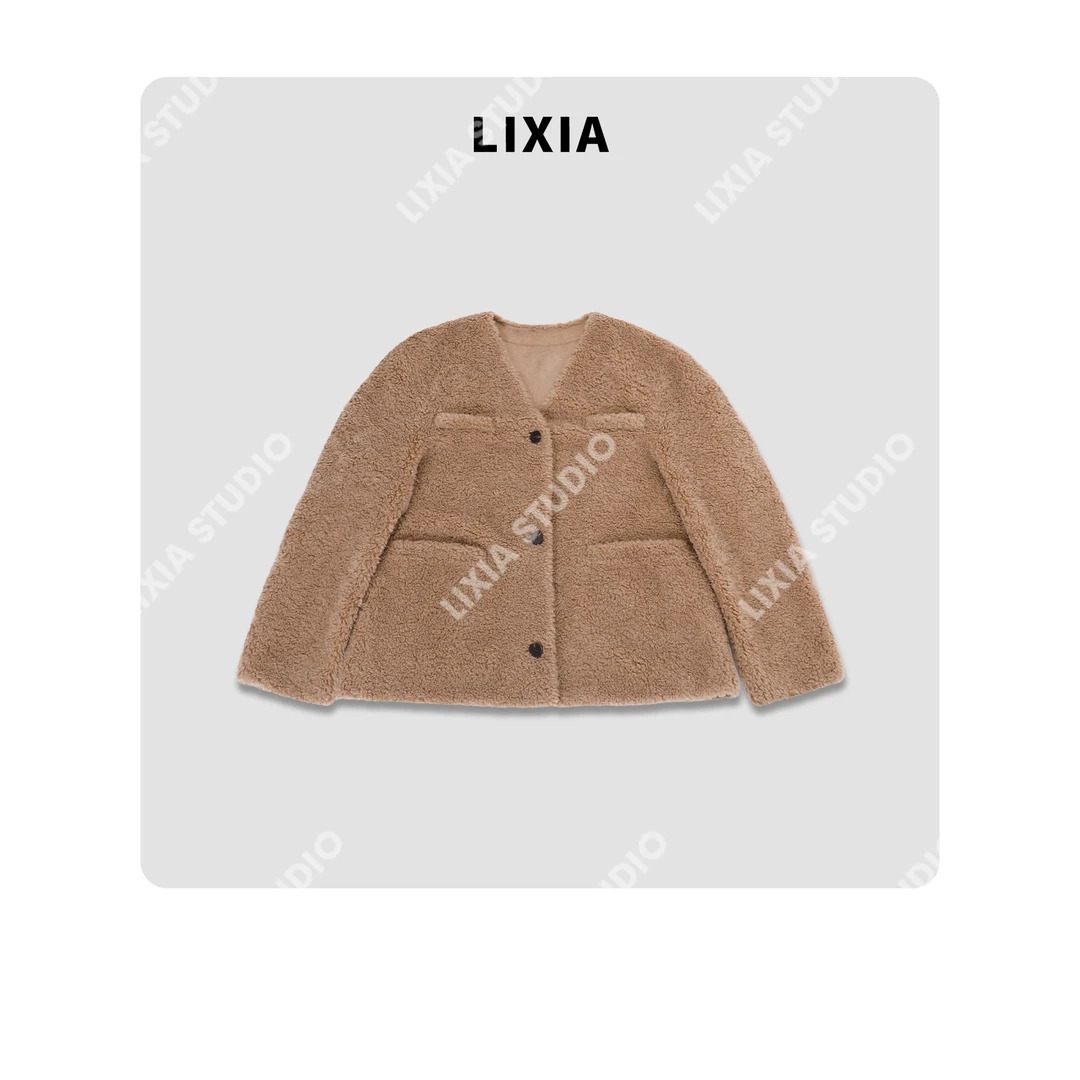 LIXIA【香法绒感】小香风休闲复古法风100绵羊毛浅咖外套-D10085
