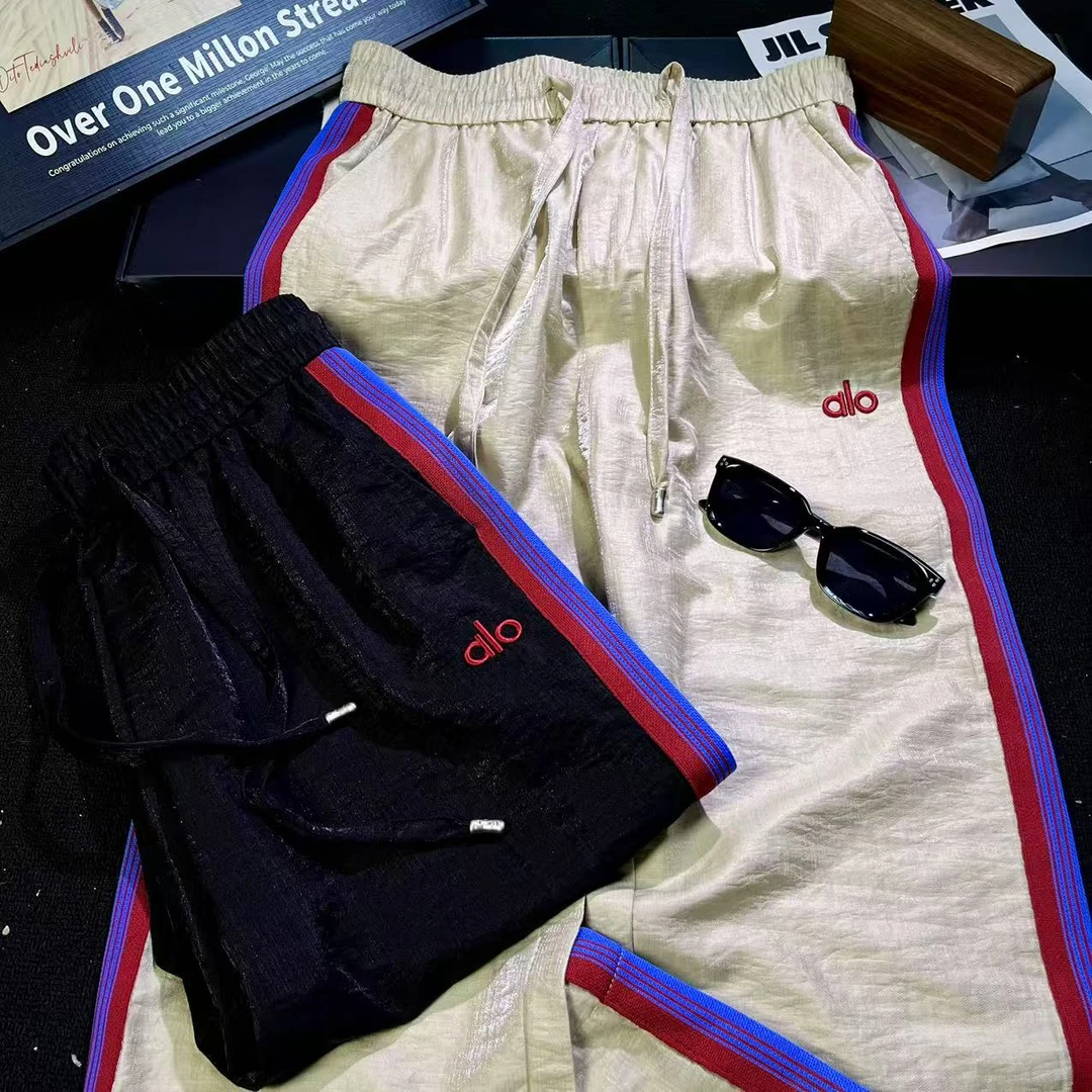 2025夏季天丝纹理红蓝织带男士休闲裤时尚刺绣百搭直筒长裤8827