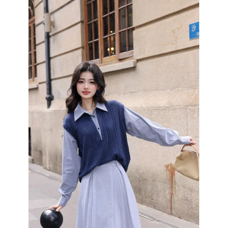 丁佳欣【深夜港湾】港风复古假两件衬衫女宽松显瘦上衣JS1113093