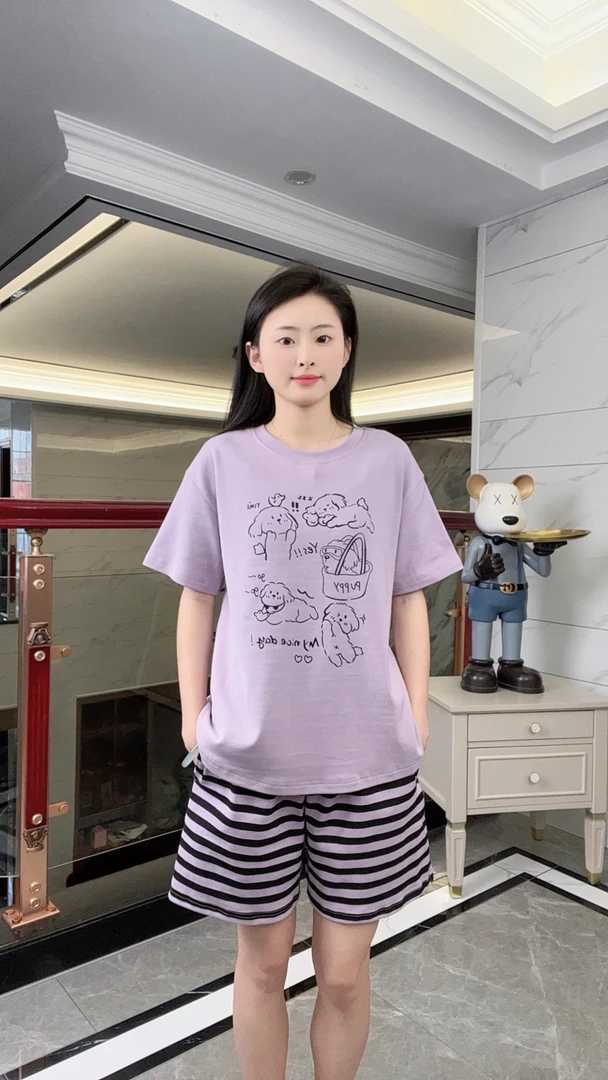 2025新款夏季紫色睡衣纯棉家居服套装大码短袖短裤