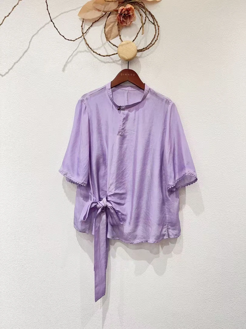 100真丝电力纺斜襟系带炒色花边上衣B117521