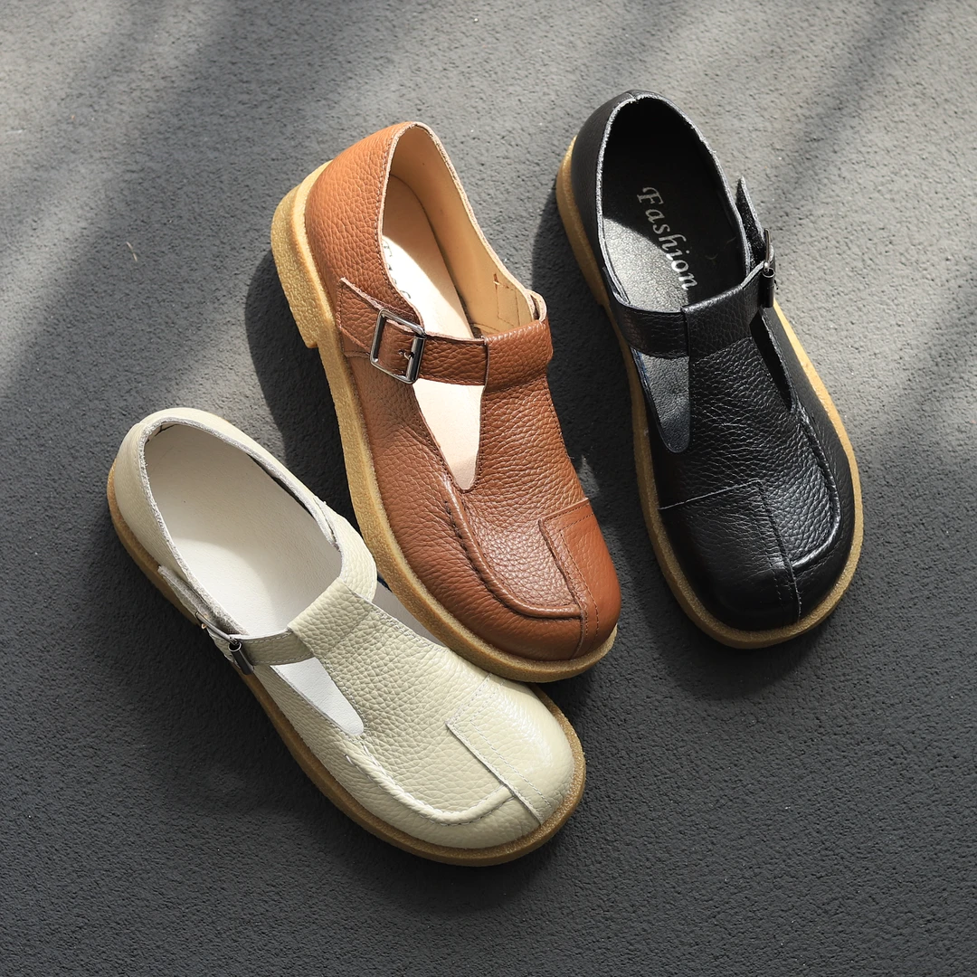 寻程2025春夏新款头层牛皮圆头扣带软皮粗跟复古真皮玛丽珍单鞋女