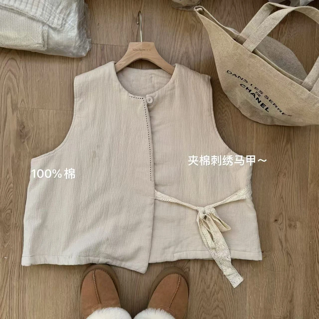 小文姐 W1025-春季纯色百搭圆领时尚洋气夹棉刺绣无袖背心马甲