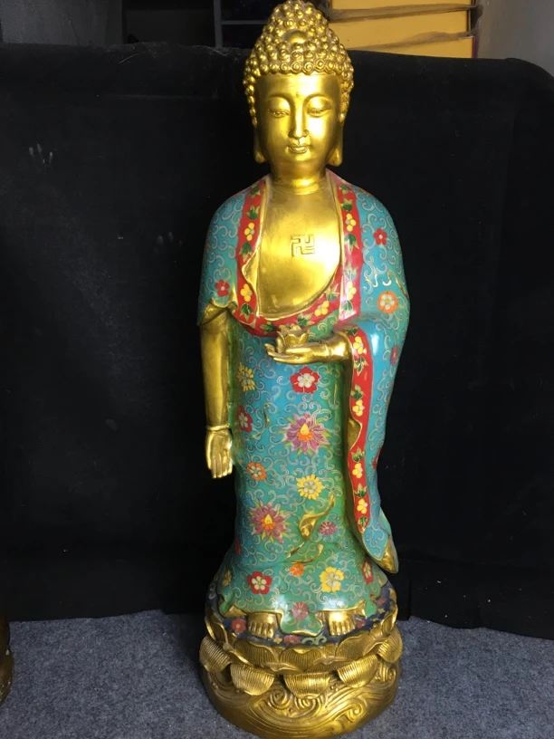 铜胎掐丝珐琅彩如来佛祖站像，尺寸高60.5cm，重量尺寸咨询客服。