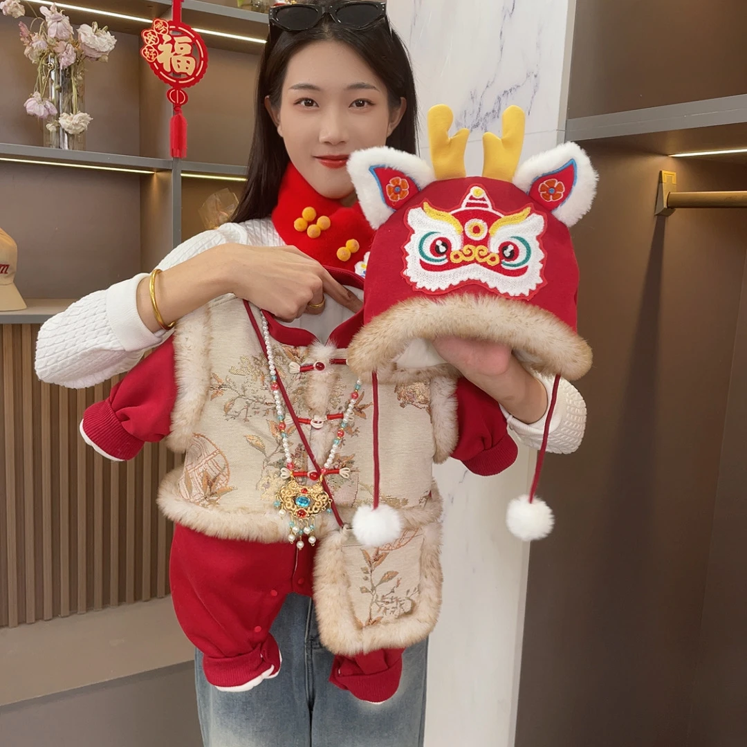 冬季新款花开富贵男女宝婴幼喜庆贺岁连体中式哈衣爬爬外出服