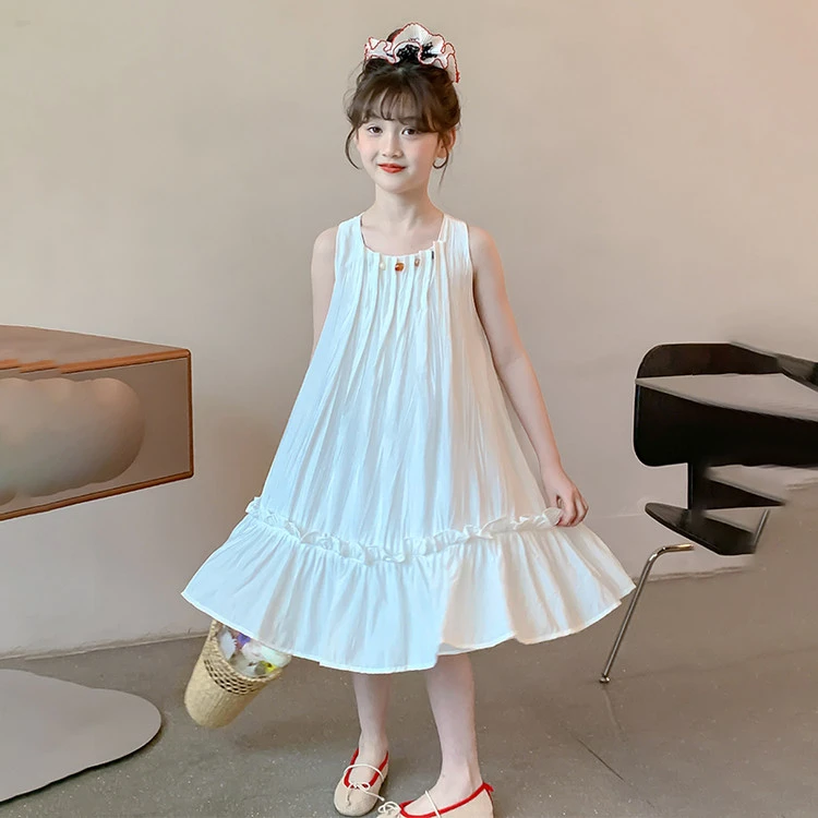 女童夏季无袖连衣裙薄款背心裙2025新款韩版公主裙白色百搭裙子潮