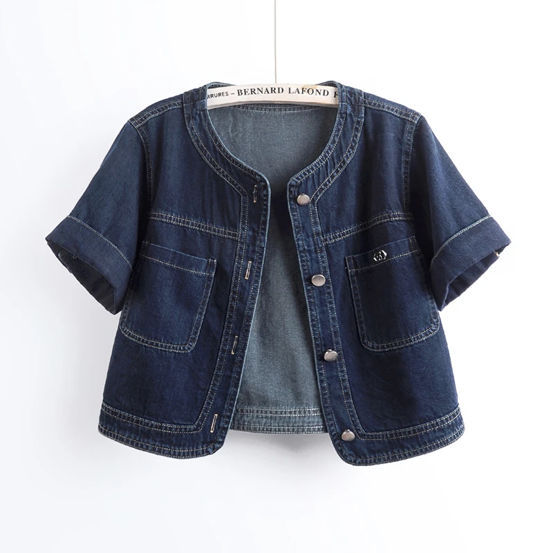 2025夏季新款韩版字母标圆领短袖牛仔外套女短款休闲百搭上衣薄款