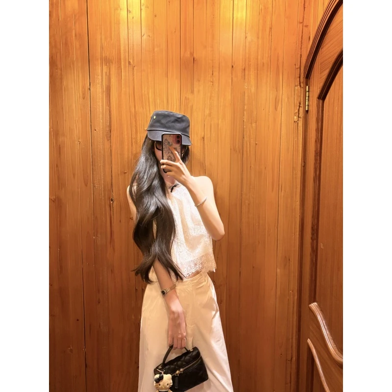 夏季法式辣妹纯欲风套装设计感洋气蕾丝翻领无袖上衣高腰阔腿裤女