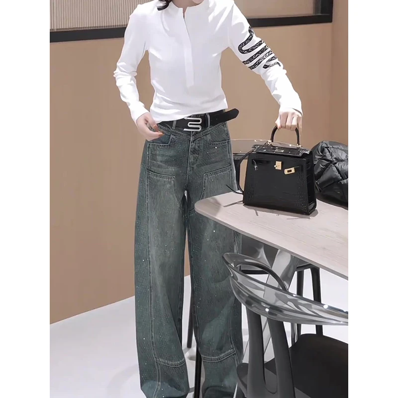 细闪烫钻弯刀牛仔裤女春秋2025新款小个子时尚潮流设计感阔腿裤子