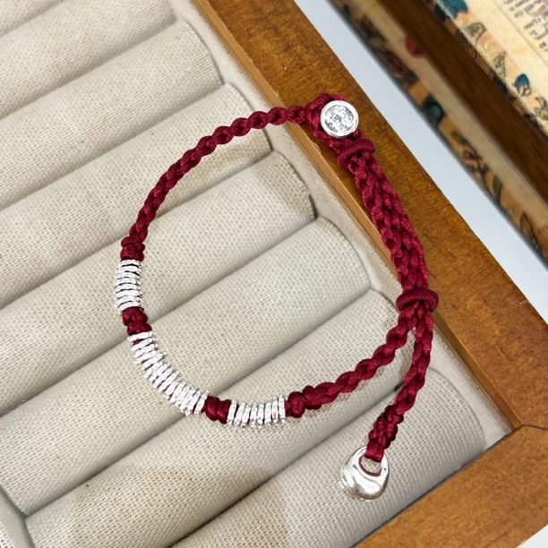 925银手链 碎银盘缠银手链编织抽拉红色手绳