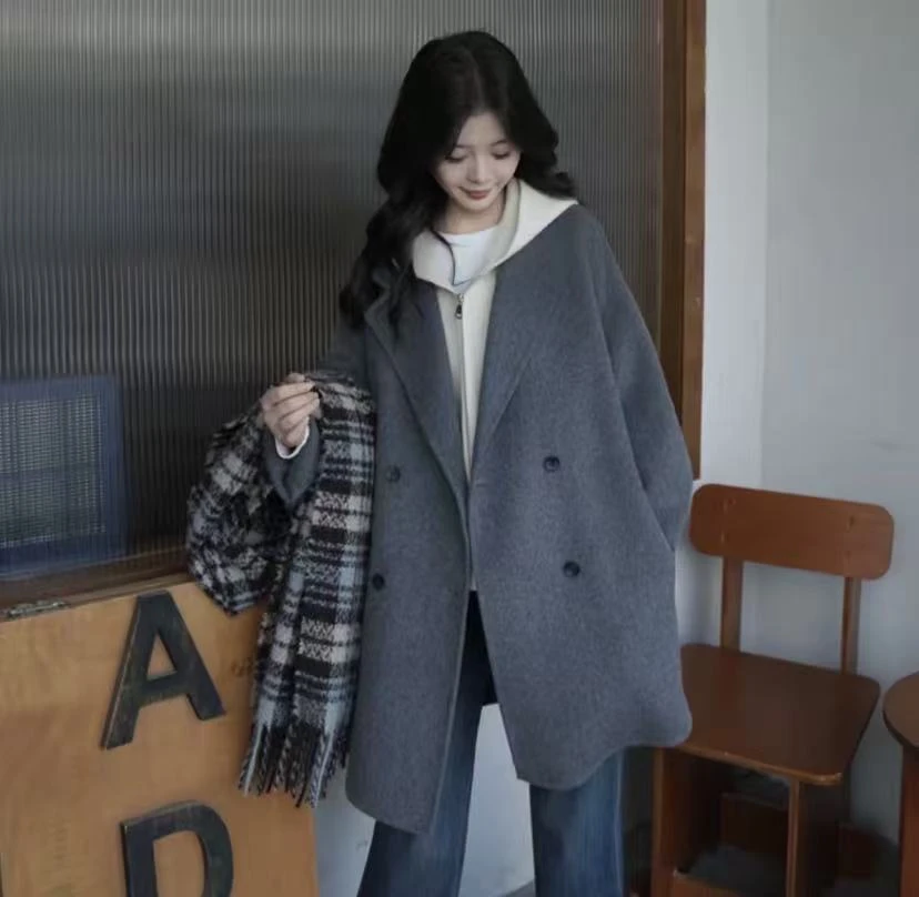 真两件套双面羊毛气质大衣百搭春秋季中长款宽松女士时尚双面呢F