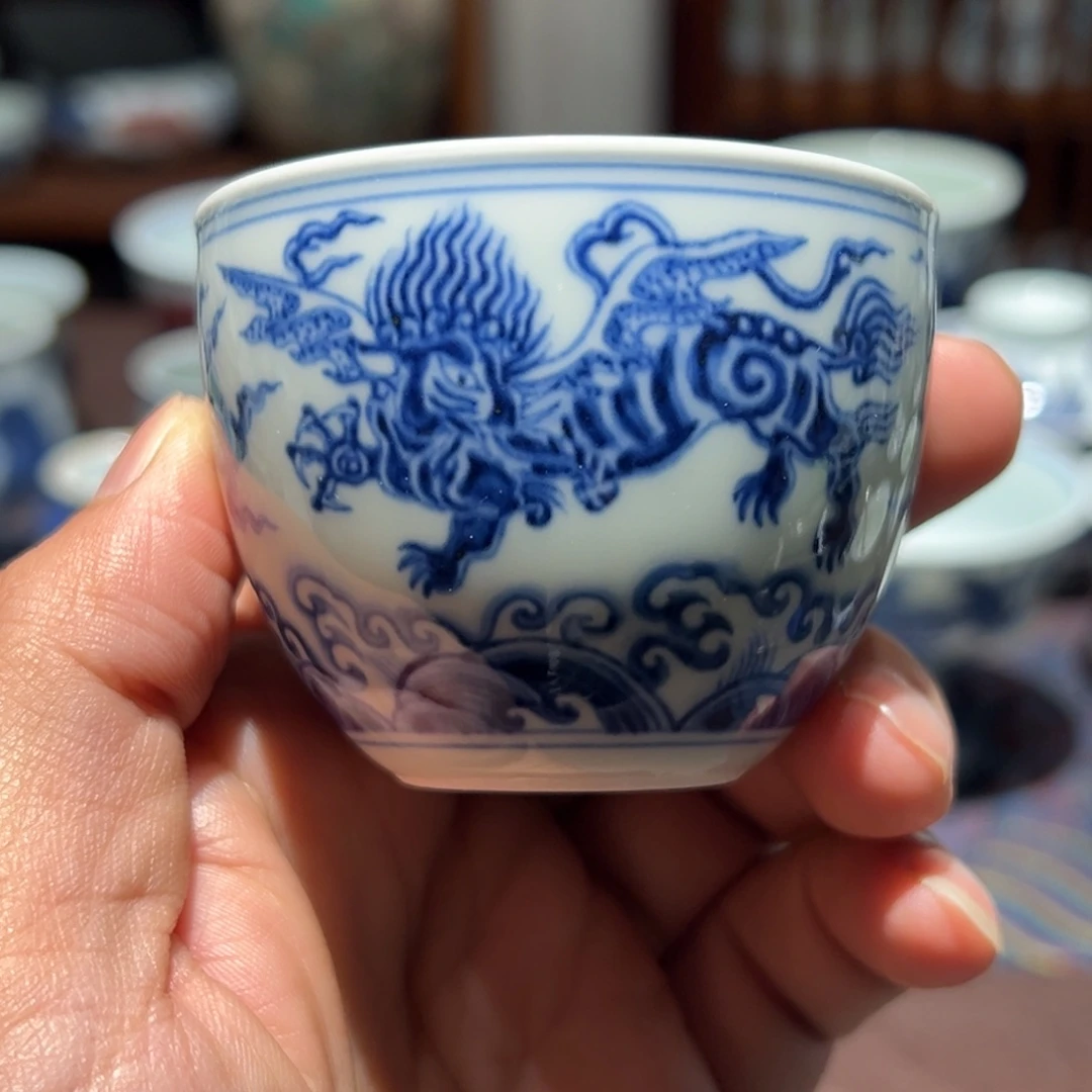 陶精品青花海水象小缸杯口径约6.5厘米