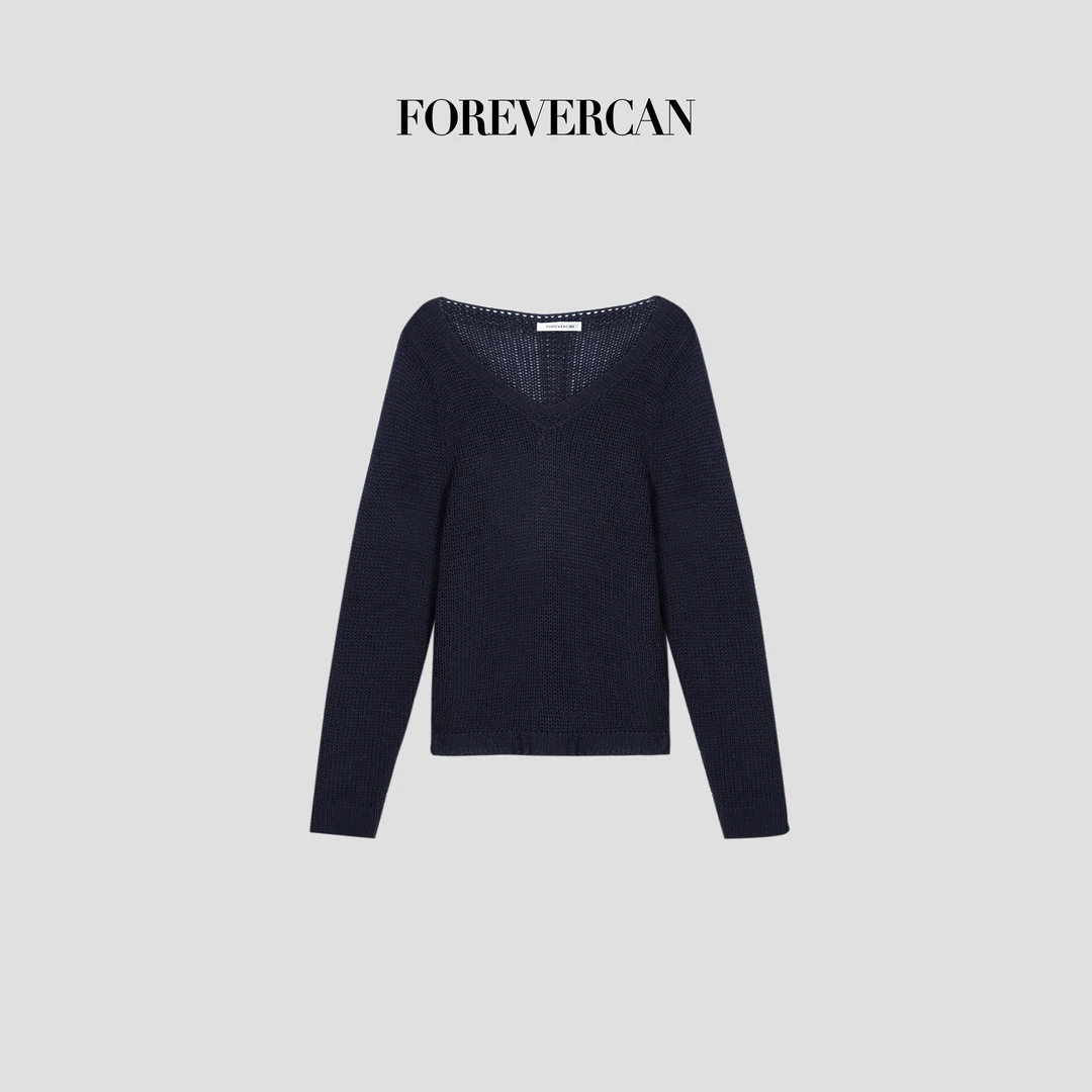 FOREVERCAN“诗意蓝月”极幼美丽诺羊毛V领针织毛衣CANMY3078