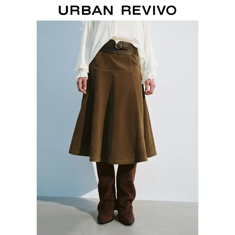 UR2025春季新款女装欧若风复古雅丹风宽腰带饰半裙UWH550005