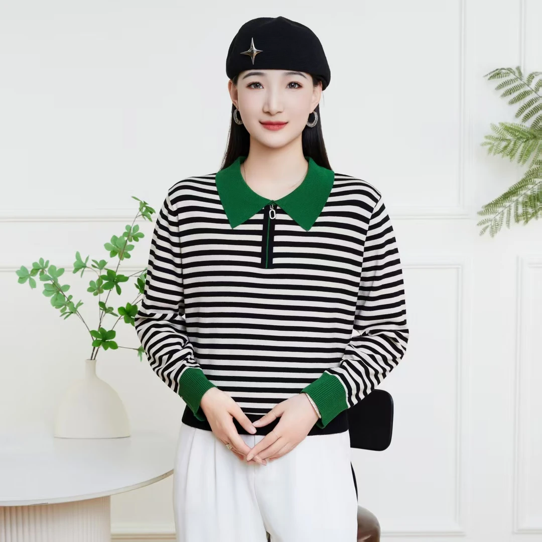 早秋冬新款条纹t恤女士百搭宽松显瘦上衣时尚洋气漂亮翻领打底衫