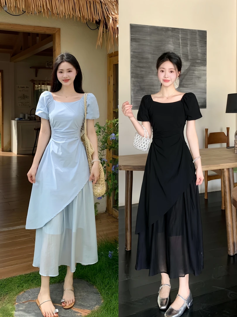 大码胖mm夏季新款气质百搭方领压褶短袖连衣裙女掐腰显瘦长裙裙子