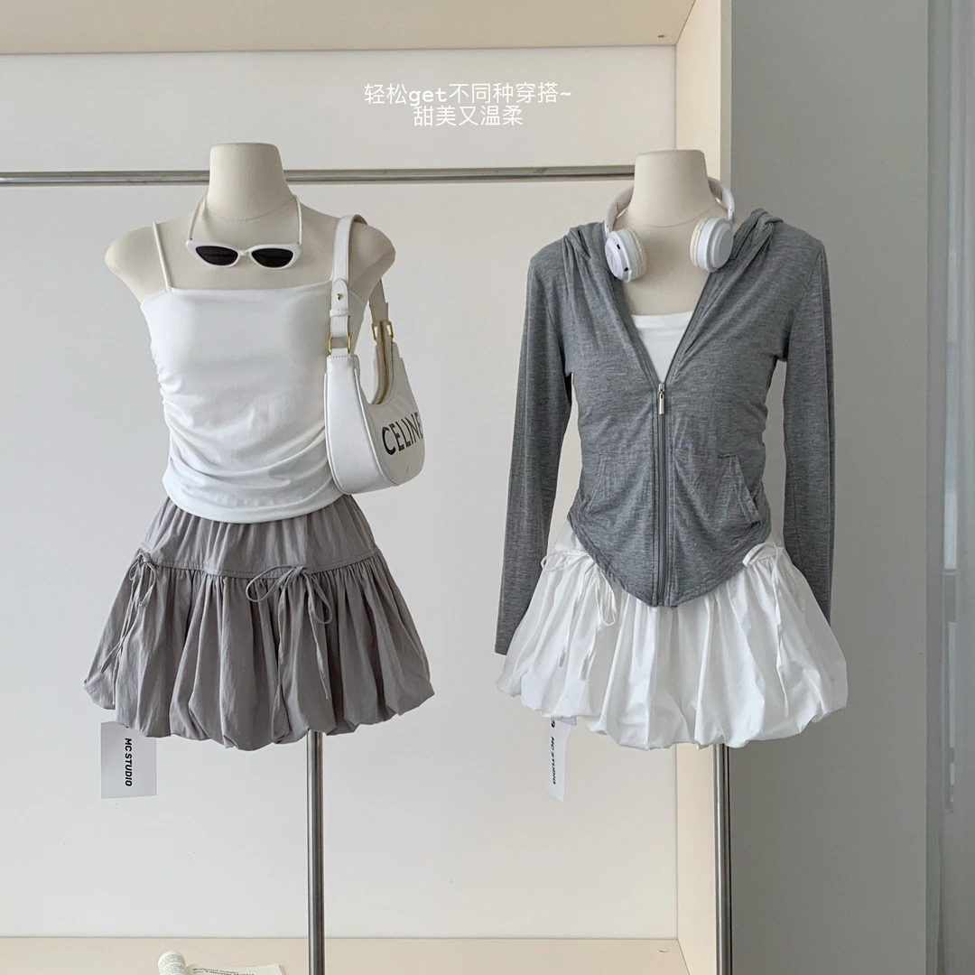 三朵FaFa 蓬蓬裙设计感松紧腰蝴蝶结绑带半身裙花苞甜酷灯笼短裙