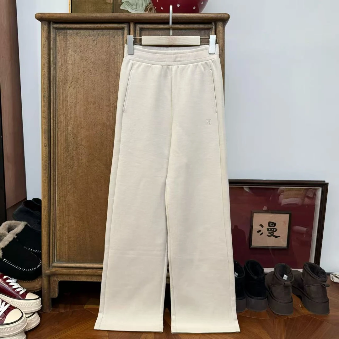 MYL2025春季新品涤棉白色休闲裤中腰直筒阔腿休闲纯色通勤长裤