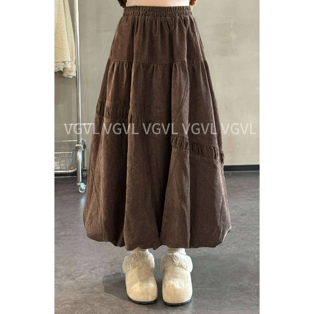 VGVL裙子高腰显瘦洋气半身裙纯色A字裙秋冬花苞裙70447