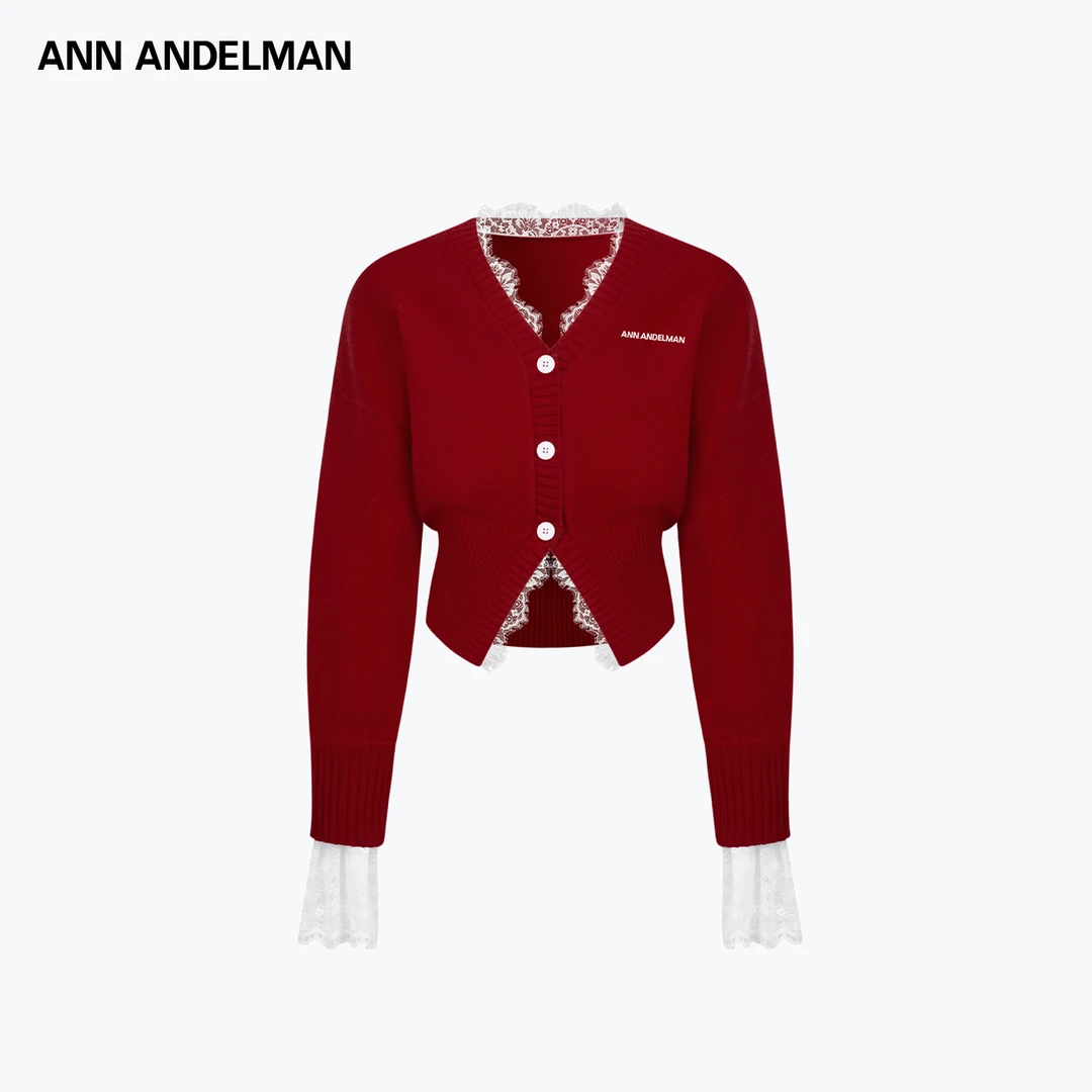 ANN ANDELMAN【新年系列】红色时尚设计蕾丝拼接收腰毛织开衫