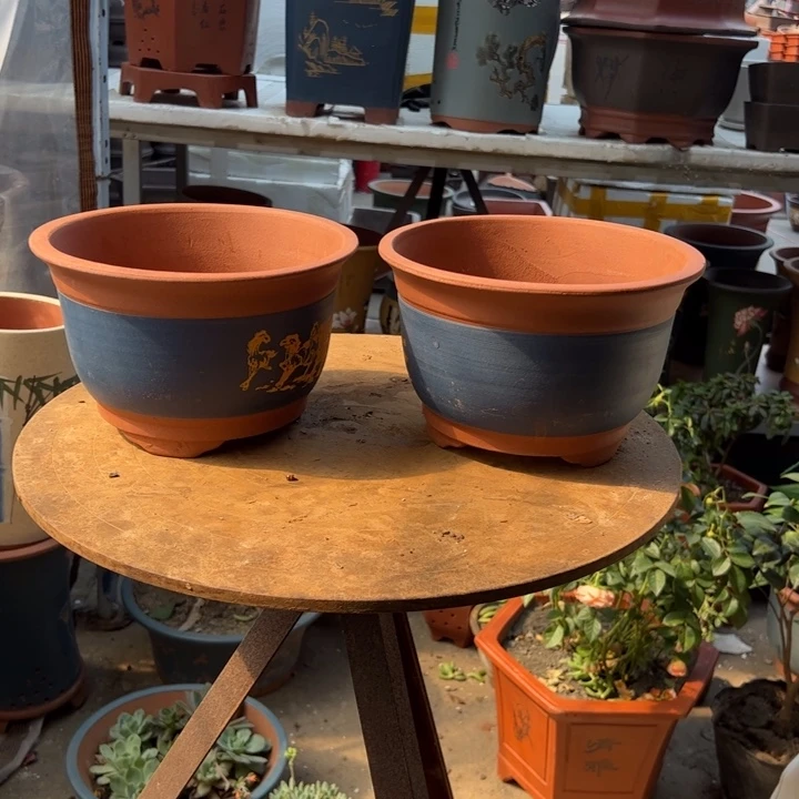宜兴紫砂花盆22+22蓝色八骏图