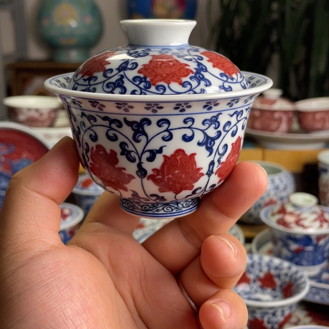 釉里红永乐缠枝莲盖碗满工