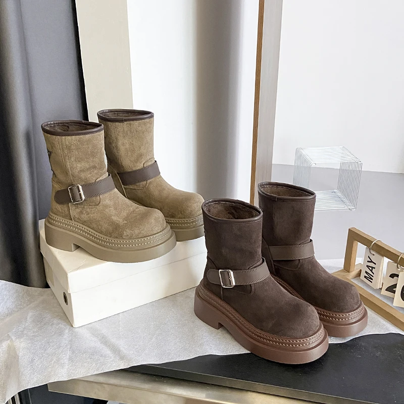 防水中跟圆头皮带扣防水台马丁靴胶粘纯色平跟短筒928