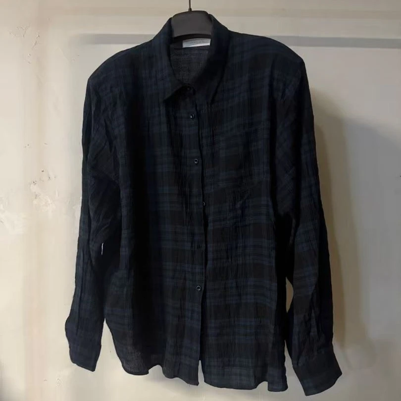 秋季女士宽松显瘦撞色格子复古长袖休闲衬衫