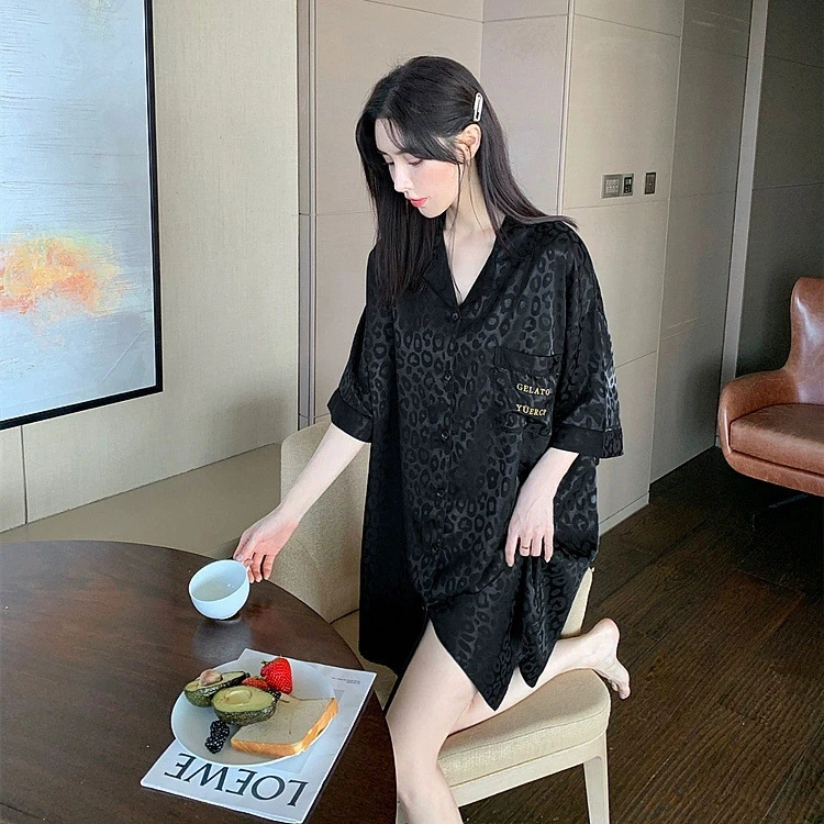 冰丝睡裙女款夏季爆款2025新款黑色豹纹网红女士薄款短袖夏天睡衣