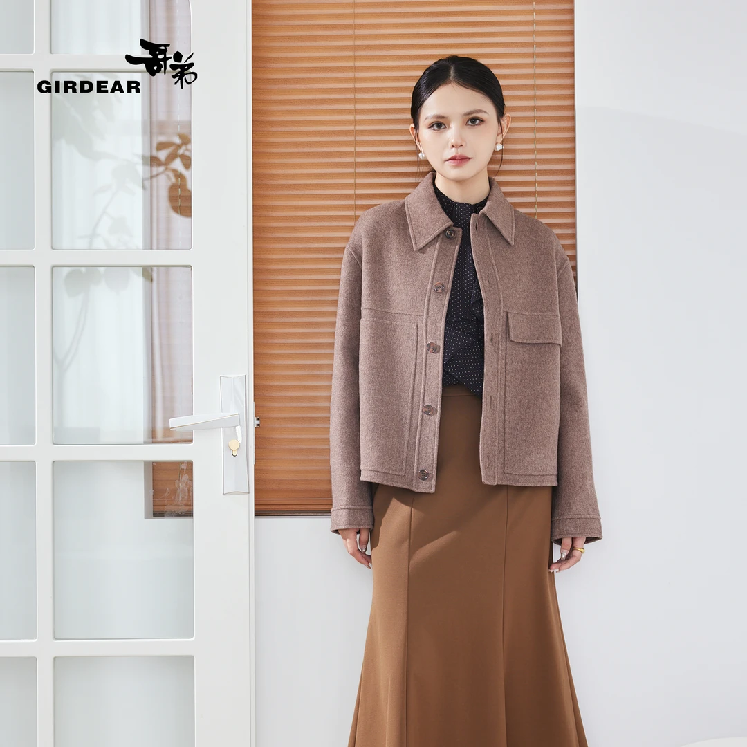 GIRDEAR/哥弟24AW小翻领时尚双面羊毛呢短款大衣外套1400703-3010