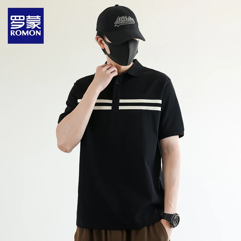 罗蒙新款夏季T恤男士条纹翻领短袖潮流宽松休闲百搭时尚透气上衣