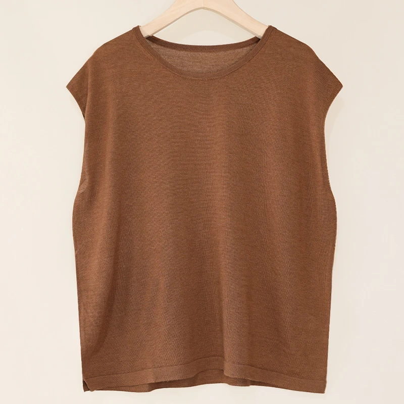 【焦糖】轻奢简约百搭纯色针织衫T恤羊毛桑蚕丝圆领包肩袖打底衫女