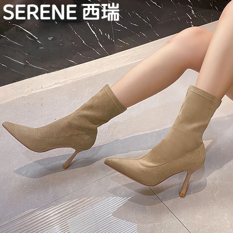 西瑞弹力细跟短靴女冬季2025今年流行靴子女长筒靴精致洋气小短靴