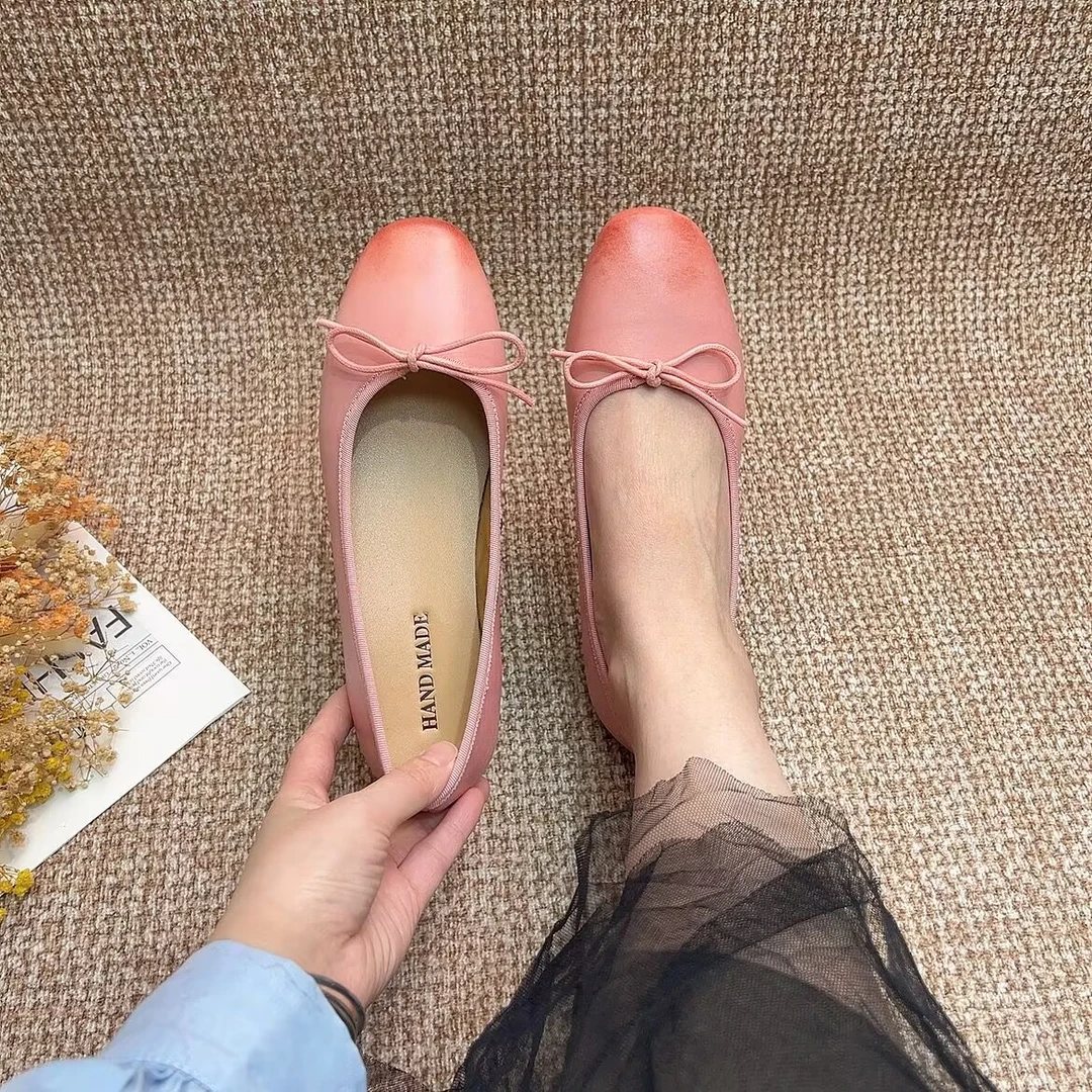 诗宝斐尔法式复古圆头蝴蝶结软底豆豆鞋女真皮舒适芭蕾舞平底单鞋