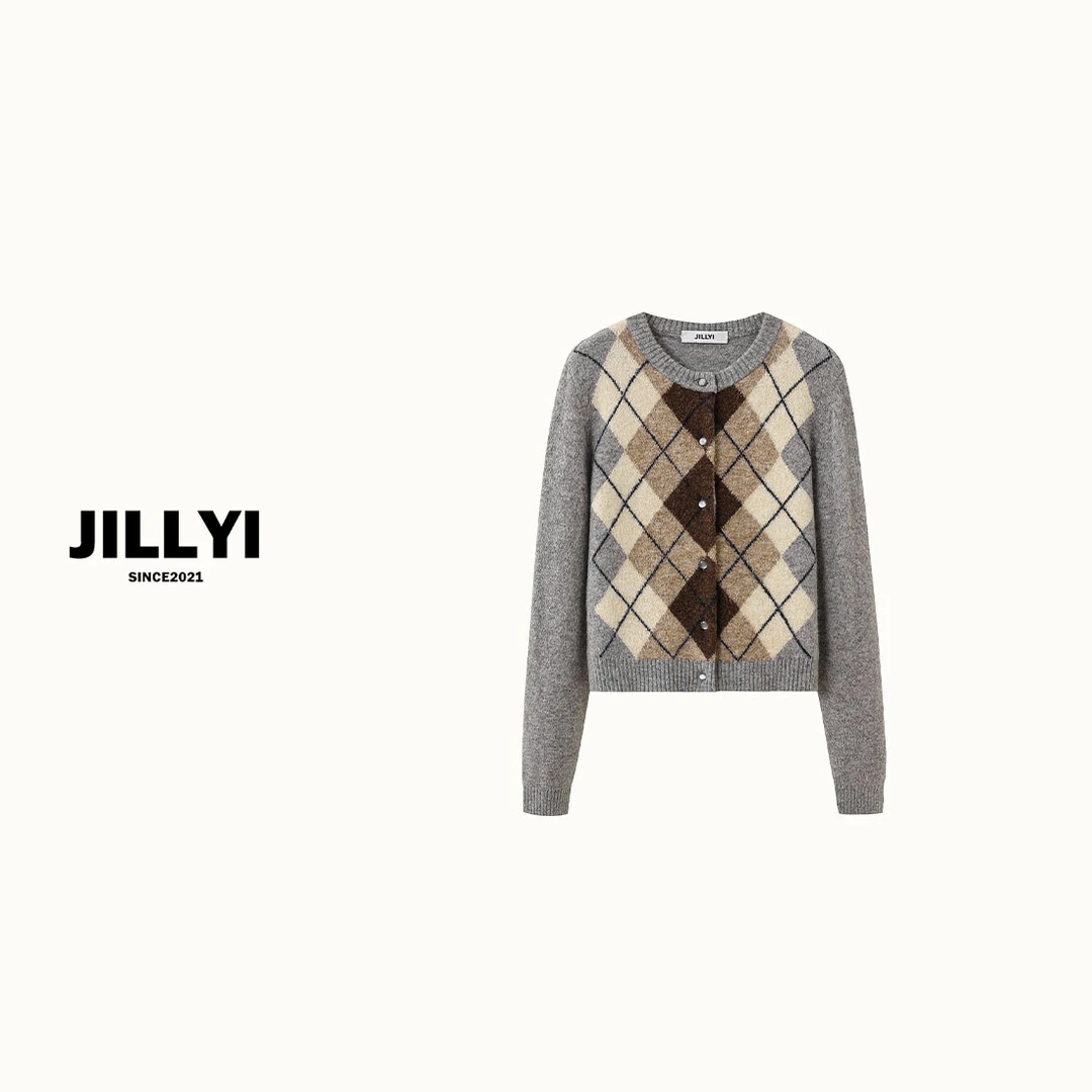JILLYI南山店【学院格纹】灰色圆领菱格图案复古经典针织开衫韩版百