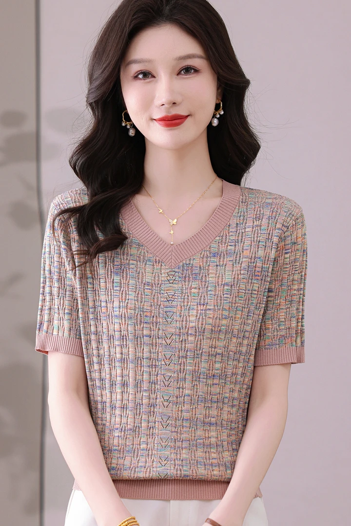 【天丝】夏季新款V领短袖洋气宽松显瘦针织薄款花纱百搭妈妈装