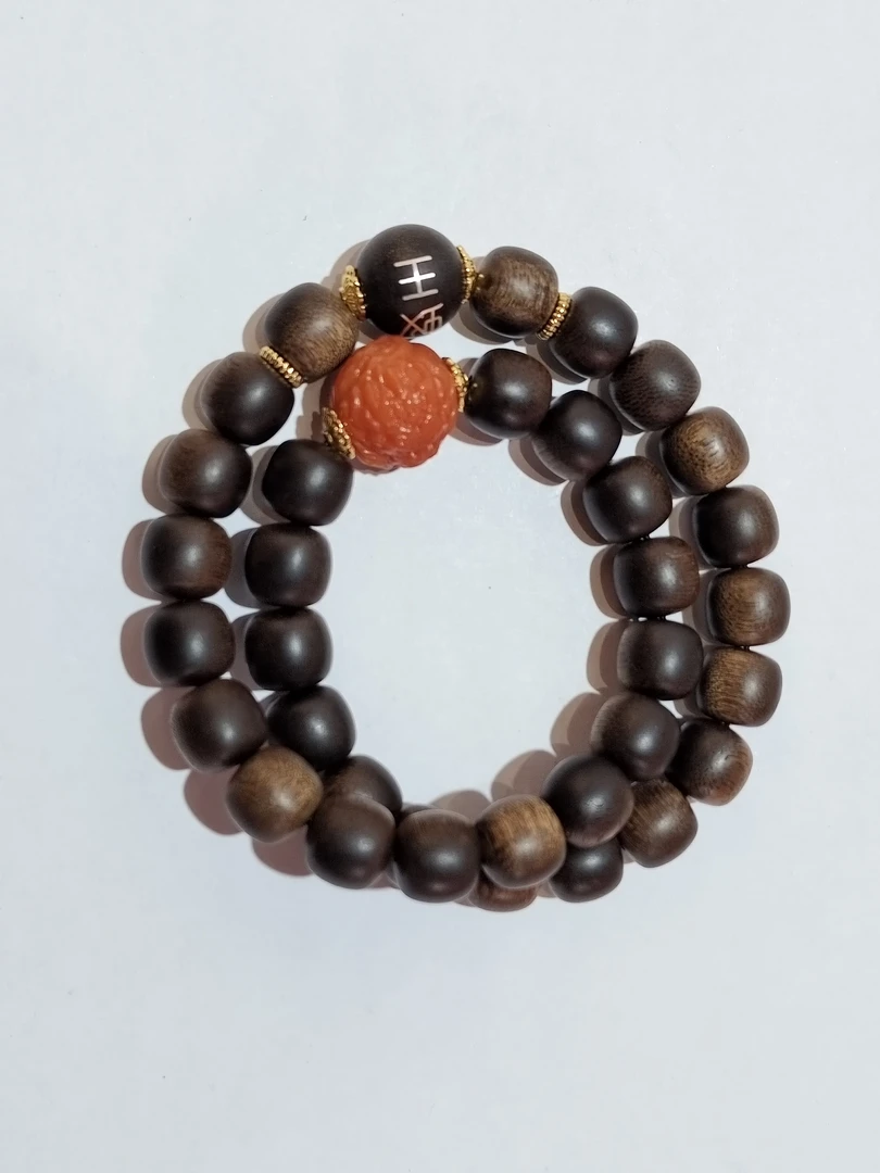 沉香 雷击留疤黑油黑奇都蓬双圈手串1.2