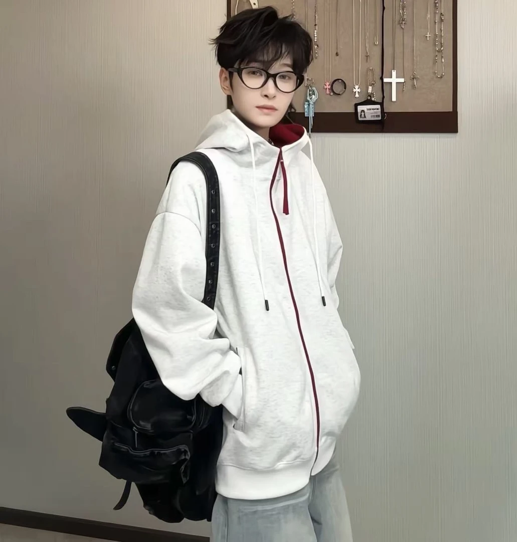 美式复古cleanfit慵懒风拼接撞色卫衣外套男款秋季连帽开