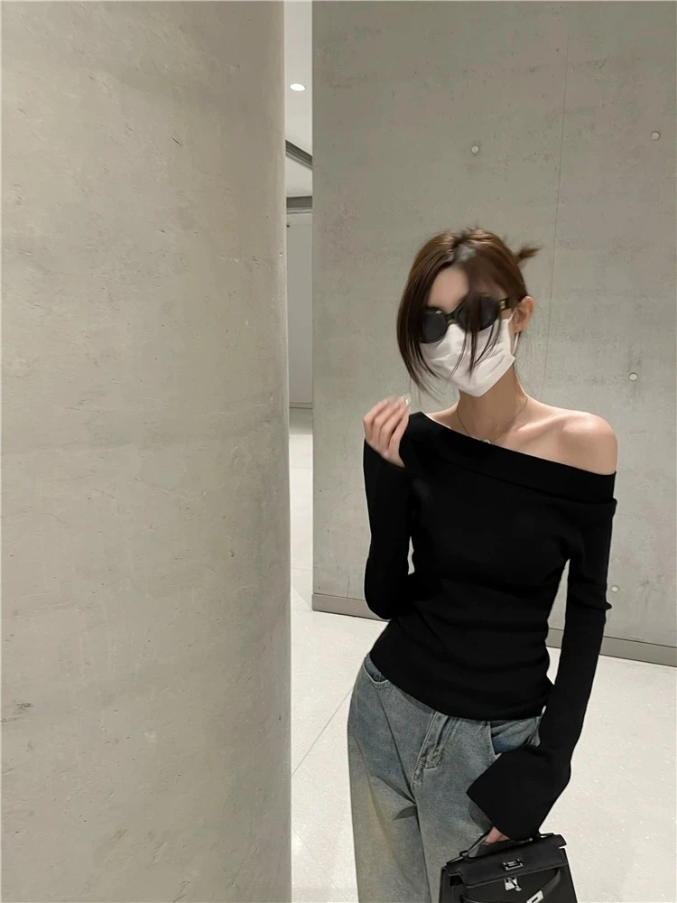 0325春季2026美式复古性感辣妹纯欲风斜肩设计感修身显瘦长袖上衣